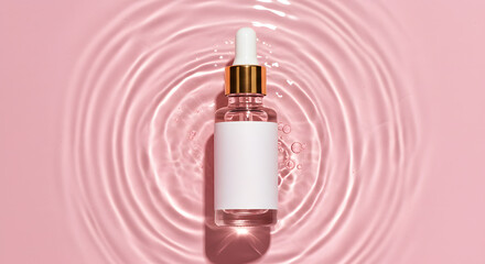 Glass Dropper Bottle in Water splash on pink background, Skincare flat lay mockup free