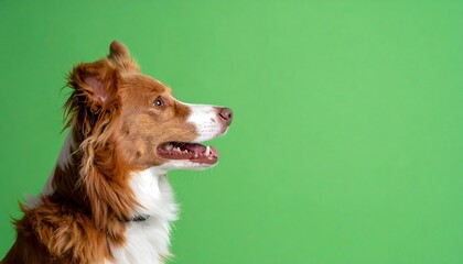 Red and white dog profile against green background