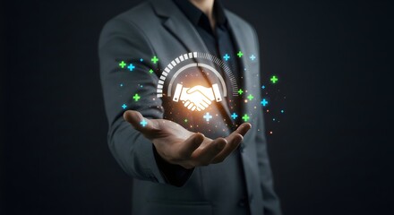 Businessman Presenting a Holographic Handshake Icon with Positive Growth Elements, Businessman turning knob to highest trust levels. Build trust in business and finance relationships