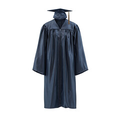 Navy blue graduation gown, academic cap, and tassel