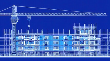 Obraz premium Construction Blueprint with Crane Over Apartment Building Framework