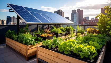 Fototapeta premium Rooftop urban garden with solar panels and city skyline at sunset