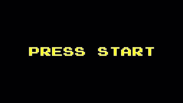 Pixel Press Start animation, black retro game screen, 8-bit start prompt, Classic video game intro, Vintage game UI, Animated start message, Pixelated Press Start text, video, pixel art, retro, 8-bit - Powered by Adobe