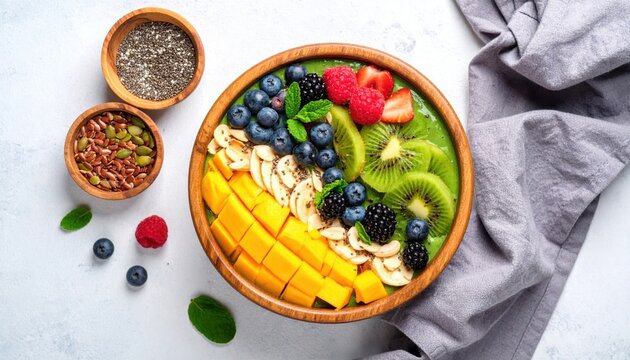 Vibrant green smoothie bowl with mango, kiwi, berries, and seeds, presented with a linen cloth
