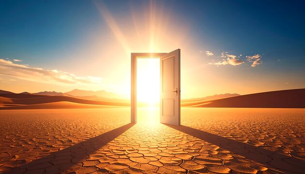 Open door in desert landscape, radiant sunrise - Powered by Adobe