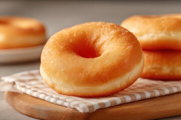 Freshly baked golden classic donuts with a smooth glossy glaze placed on a wooden cutting board with cozy background