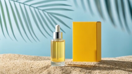 Yellow box and serum bottle on sand with palm leaf shadow