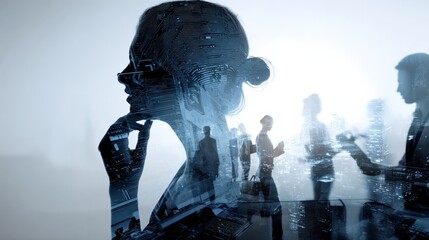 Futuristic artificial ligence concept with human silhouette and digital interface overlay representing technology and innovation