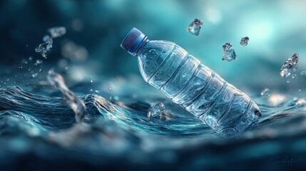 Plastic Water Bottle Falling Into Clear Blue Water Splash in Motion Creating Ripples and Droplets Effects Underwater Scene
