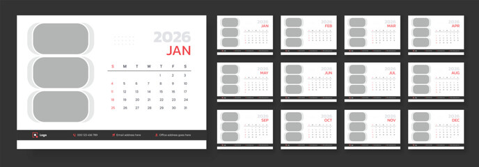 New Year 2026 desk calendar. Calendar template for 2026 with week start on Sunday. Planner simple, Stationery, printing media, vector.