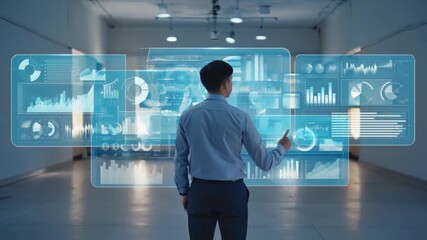 Dynamic businessman interacts with futuristic holographic data displays, analyzing financial charts and graphs in a sleek modern environment, showcasing innovation and business intelligence. - Powered by Adobe