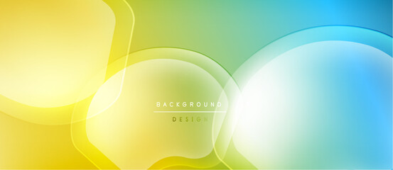 Abstract fluid shapes blend yellow, green, blue hues. Soft gradients create modern background design. Minimalist aesthetic, smooth transitions.