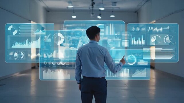 Dynamic businessman interacts with futuristic holographic data displays, analyzing financial charts and graphs in a sleek modern environment, showcasing innovation and business intelligence. - Powered by Adobe