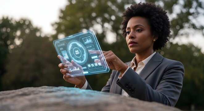 african american businesswoman using digital tablet with augmented reality interface. AI generative image