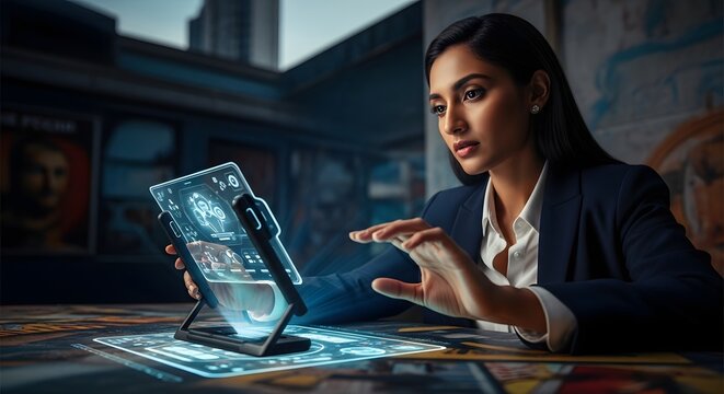 Attractive businesswoman using augmented reality. AI generative image