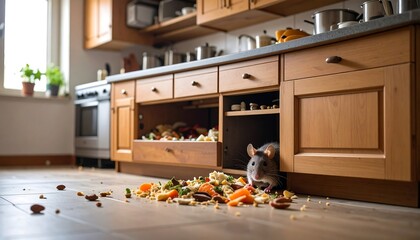 Rat raiding kitchen cabinets, spilling food onto floor