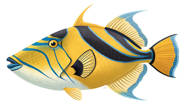 A vibrant reef triggerfish gliding gracefully through the ocean depths vivid