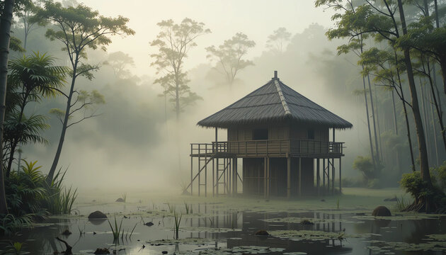 Hut on bamboo stilts in swampy forest, mist rising, secret hideout feel