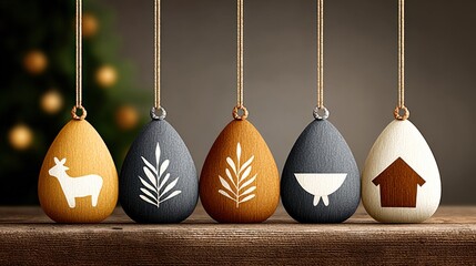 Five Christmas themed ornaments hanging in a row on a rustic wooden surface with blurred festive background and warm tones