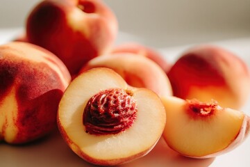 Freshly Picked Juicy Peaches with Soft Fuzz and Ripe Flesh, Close-up of Whole and Cut Fruit on Light Background