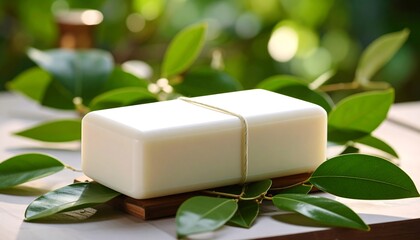 Rectangular bar of white soap rests on a wooden stand, surrounded by green leaves