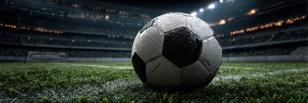Dramatic night soccer match with a wet ball sitting on the grass in an empty stadium