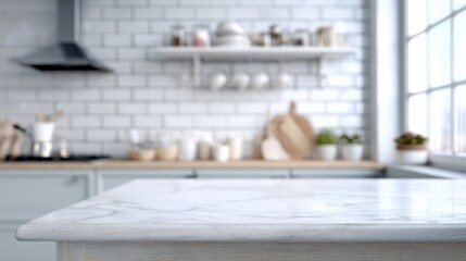 Modern minimalist kitchen with white tile backsplash, open shelves, natural light, and a sleek light-colored countertop design