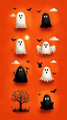 Colorful Halloween ghost illustrations with bats and a spooky tree on orange background