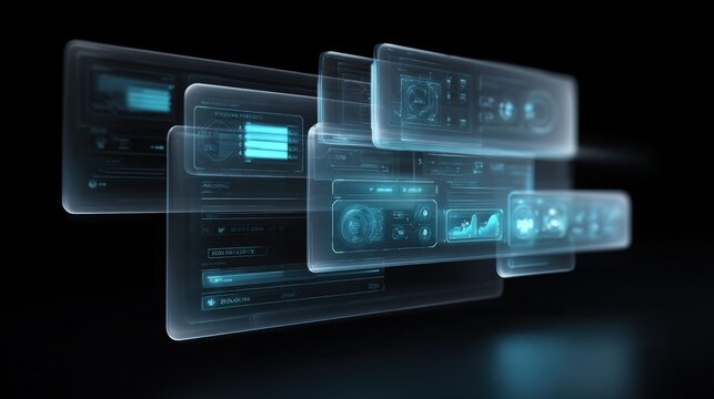 Futuristic Transparent Digital User Interface with Multiple Hove Menus and Data Visualizations in a High Tech Virtual Environment