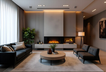 Modern Living Room Design With Fireplace Black Sofa