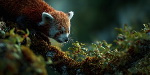 Naklejka premium A red panda gazes intently from a mosscovered branch, surrounded by lush greenery in its natural environment