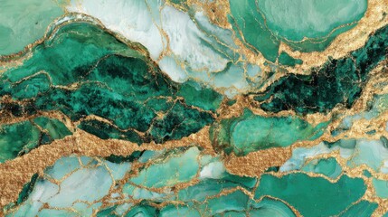 Vibrant green marble with intricate gold veining displays a luxurious and elegant surface. The swirling patterns and rich colors create a striking visual appeal for any design project.