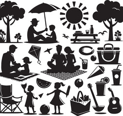 Vector silhouettes of people and camping icons form a symbolic set of figures illustrating various sports and business activities
