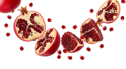 Vibrant Pomegranate Sections and Seeds Floating Against a Transparent Background.