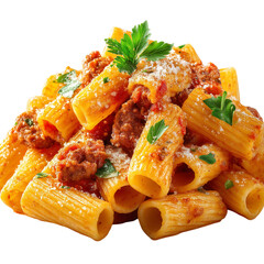 Close up shot of rigatoni pasta with meat sauce and parsley garnish isolated on transparent background