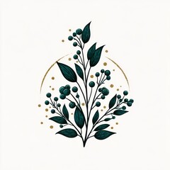 Botanical illustration featuring dark green foliage and intricate details with a golden circle in a minimalist style