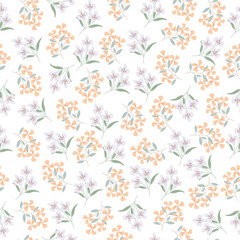 coquette seamless orange and purple flowers pattern. Delicate petals and vibrant blossoms create an artistic and vintage botanical illustration. pastel flower seamless pattern