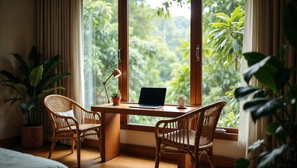 Tropical Digital Nomad Workspace – Minimalist Wooden Desk & Jungle View