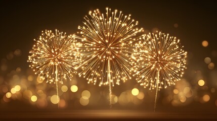Sparkling gold fireworks display against a backdrop of bokeh lights.