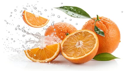 Fresh and juicy orange slices with green leaves are shown splashing in water