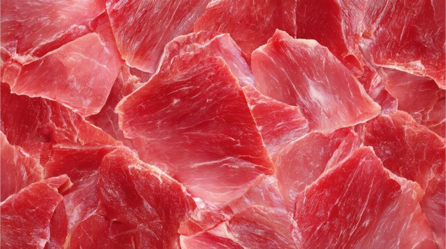 Slices of raw red meat are organized closely together on a clean surface, showing various cuts and textures. The setting indicates a butchery environment where freshness is key.