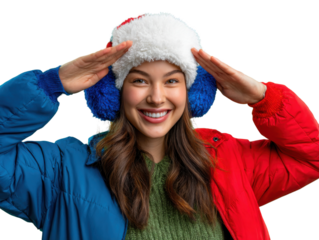 Winter Bliss: Smiling woman models winter clothes, projecting warmth and the joy of seasonal activities. 