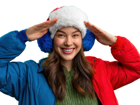 Winter Bliss: Smiling woman models winter clothes, projecting warmth and the joy of seasonal activities. - Powered by Adobe