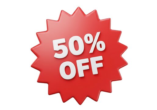 Red starburst 50 percent off discount tag isolated on white background