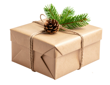 Natural Christmas Gift Box Wrapped in Brown Paper with Pine Branch, isolated on transparent PNG