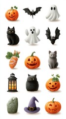 Collection of Halloween decorations featuring pumpkins, cats, bats, and other spooky items for festive celebrations