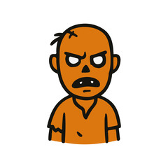 Fototapeta premium Angry cartoon zombie character in flat Halloween style. Bald undead with fierce expression and torn clothes. Vector icon perfect for spooky decorations and horror-themed designs.