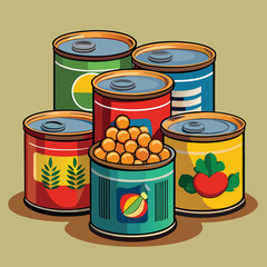 Assortment of colorful canned goods with various food illustrations