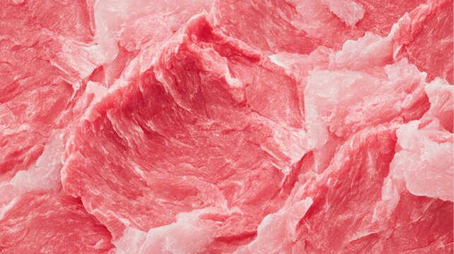 Thinly sliced raw meat lies on a clean surface, ready for cooking. The vibrant pink color and marbling indicate quality. Ideal for grilling or stir-frying, it showcases culinary potential.