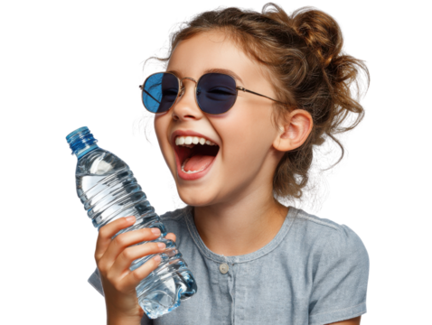 Joyful Hydration: A young girl radiates pure delight, playfully holding a refreshing water bottle, captured in a vibrant, naturalistic portrait.